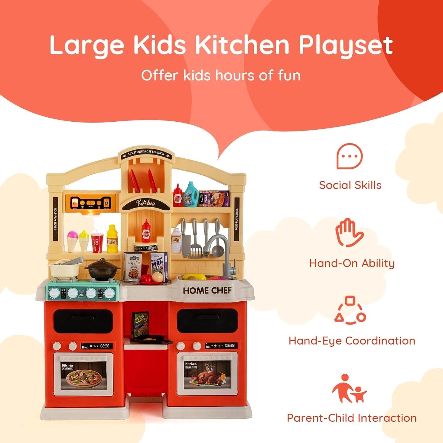 Kids Play Kitchen 69PCS Lights Sounds Steam Running Water Orange