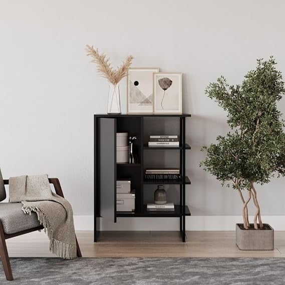60cm Modern Wood & Steel Cabinet Shelf Unit – Storage Bookcase with Door