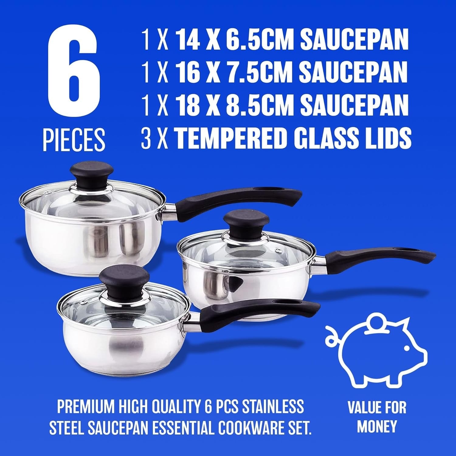3pcs Stainless Steel Saucepan Set with Glass Lids & Heat Resistant Handles