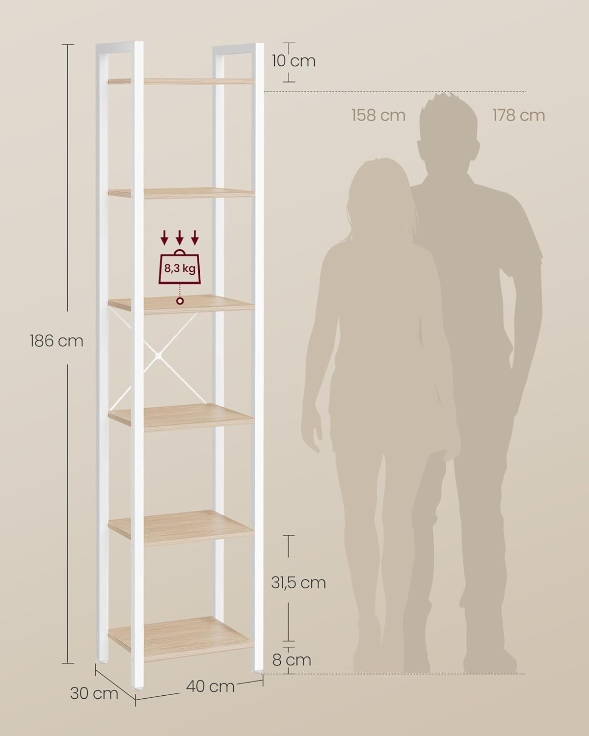 6-Tier Industrial Bookshelf 187.5cm Tall Slim Storage Unit Beige White