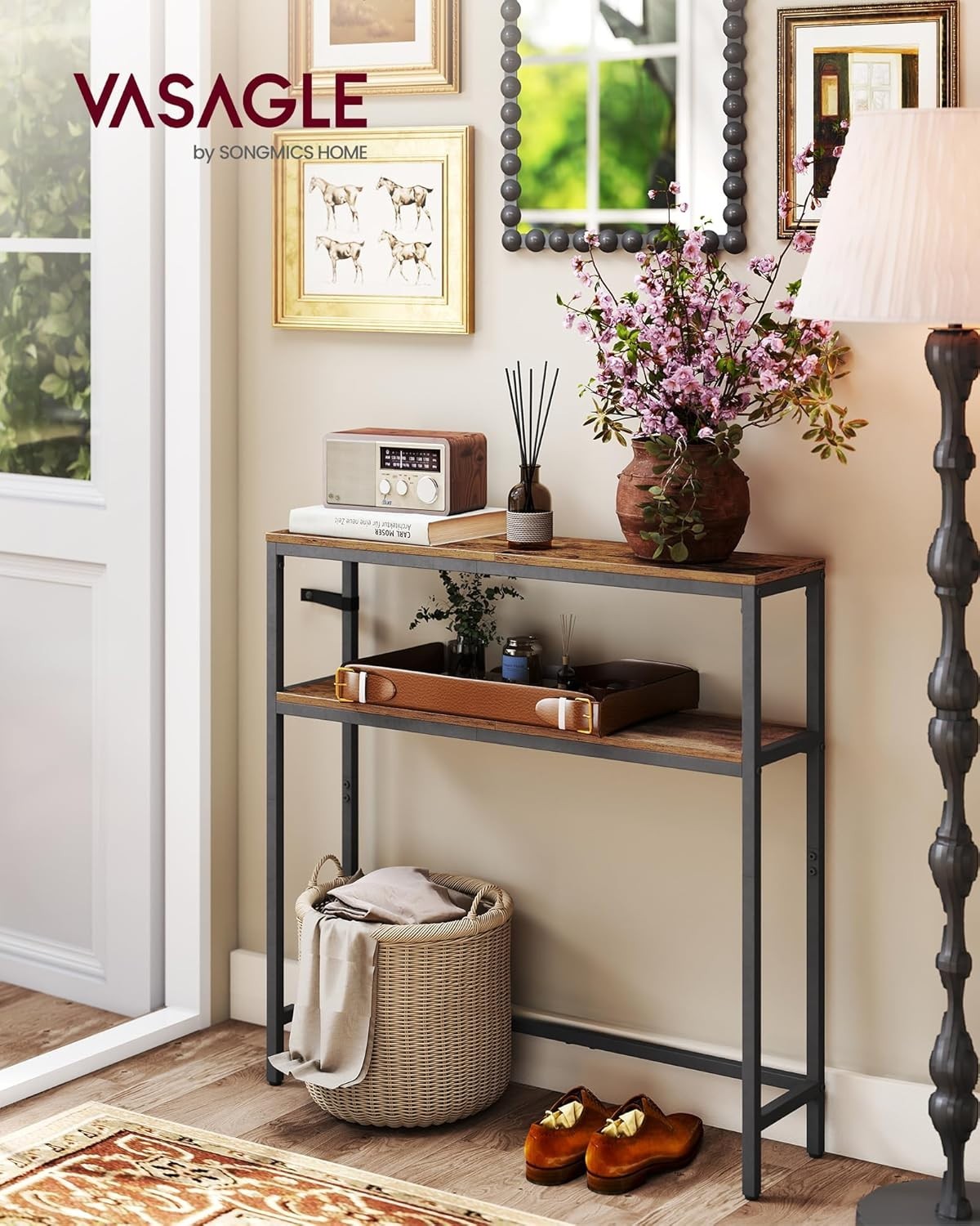 Slim Console Table 2 Tier Narrow Sofa Table w/ Shelves for Hallway & Entry