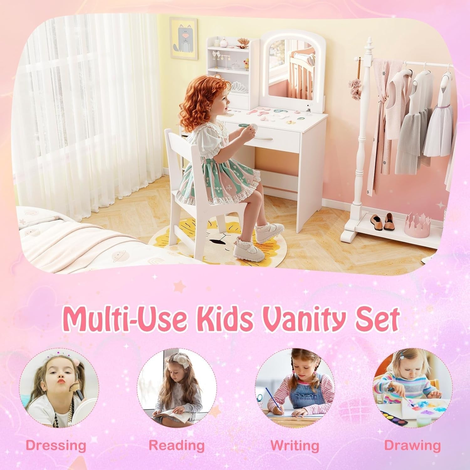 Kids Vanity Table Set Girls Dressing Desk & Stool LED Lighted Mirror Wood White