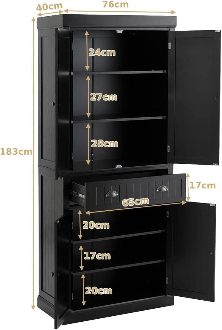 Black Tall Kitchen Cupboard 183cm Pantry Storage Cabinet Unit Shelves