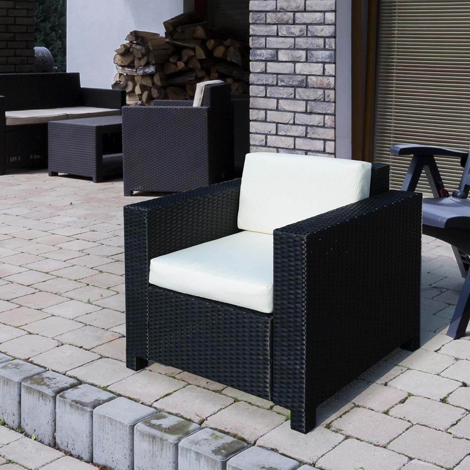 Rattan Garden Armchair with Cushion Black Outdoor Patio Lounge Single Seater