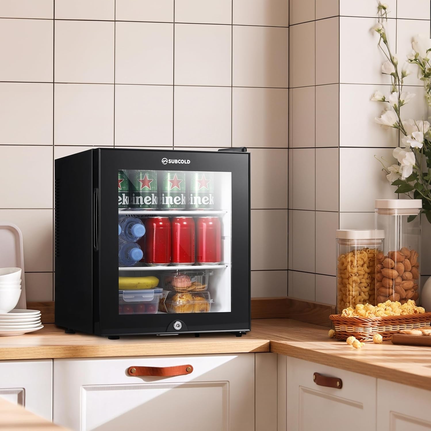 Mini Fridge 30L Compact Table Top Frost-Free LED Glass Door Black