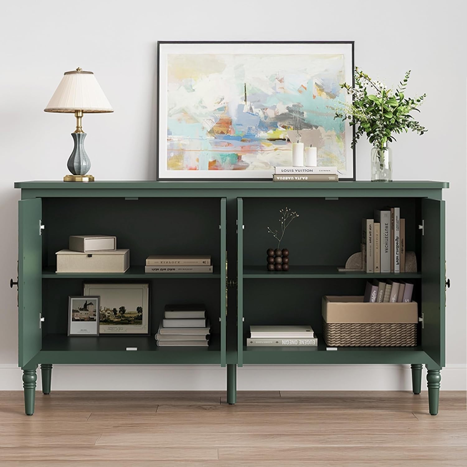 58" Mid Century Sideboard Cabinet with Adjustable Shelves, Green Finish