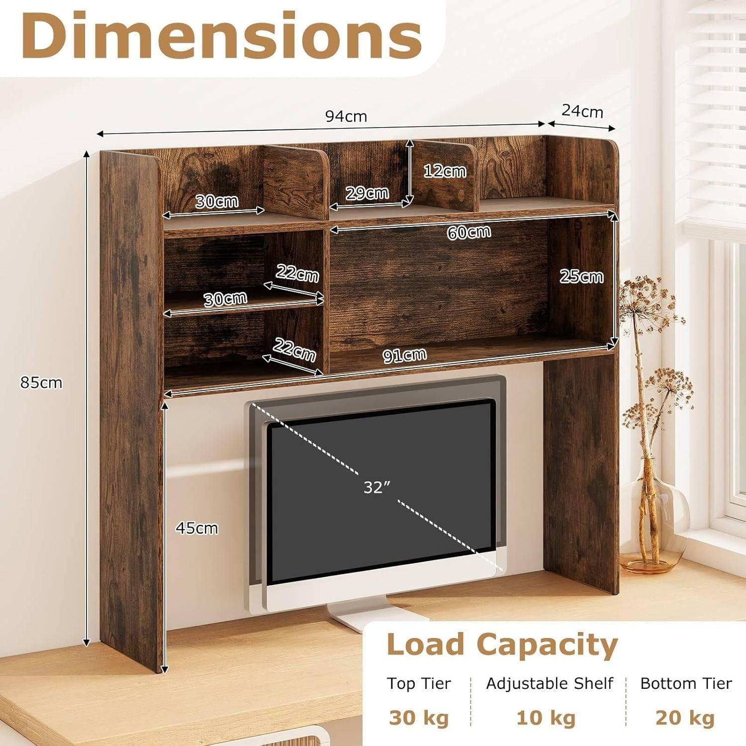6-Shelf Desktop Bookshelf Hutch Storage Organizer Rustic Brown Monitor Shelf