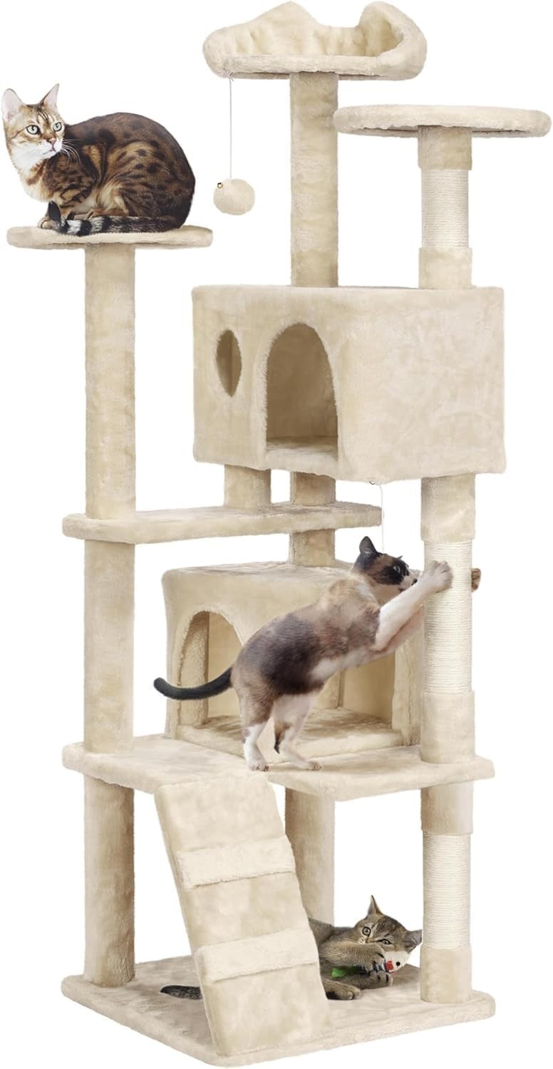 135cm Large Cat Tree Tower Beige Multi Level Condos Scratching Posts Indoor