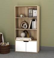 Modern Oak 4-Tier Wide Bookcase with White Door Cupboard – Wooden Shelf Unit