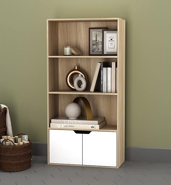 Modern Oak 4-Tier Wide Bookcase with White Door Cupboard – Wooden Shelf Unit