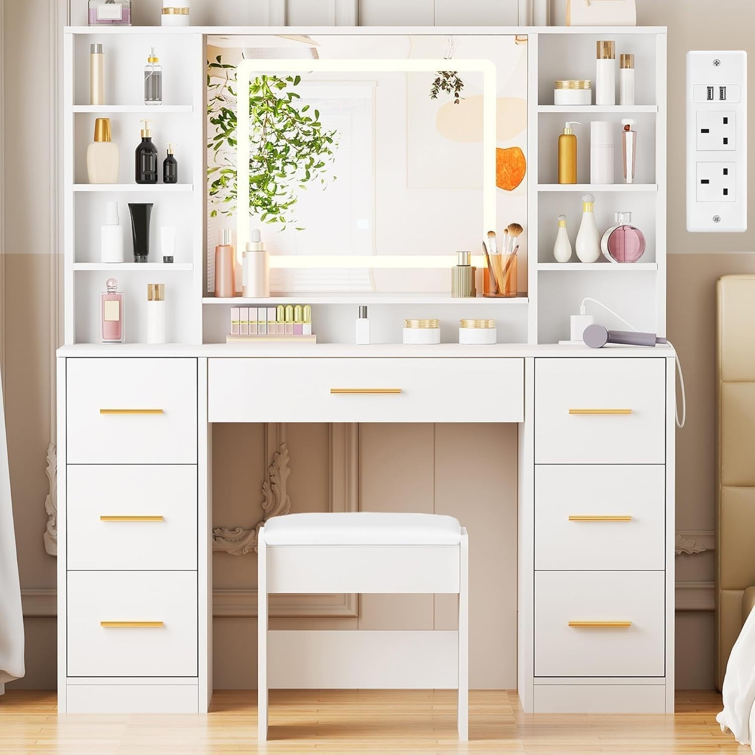 Modern White Vanity Table Set LED Mirror 6 Drawers Desk USB Charging Station