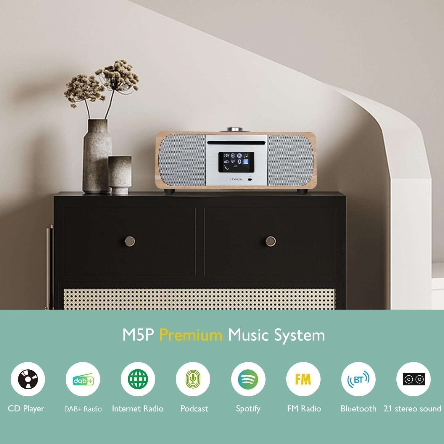 WiFi Internet Radio CD Player DAB+ Bluetooth 35W Hi-Fi Light Oak