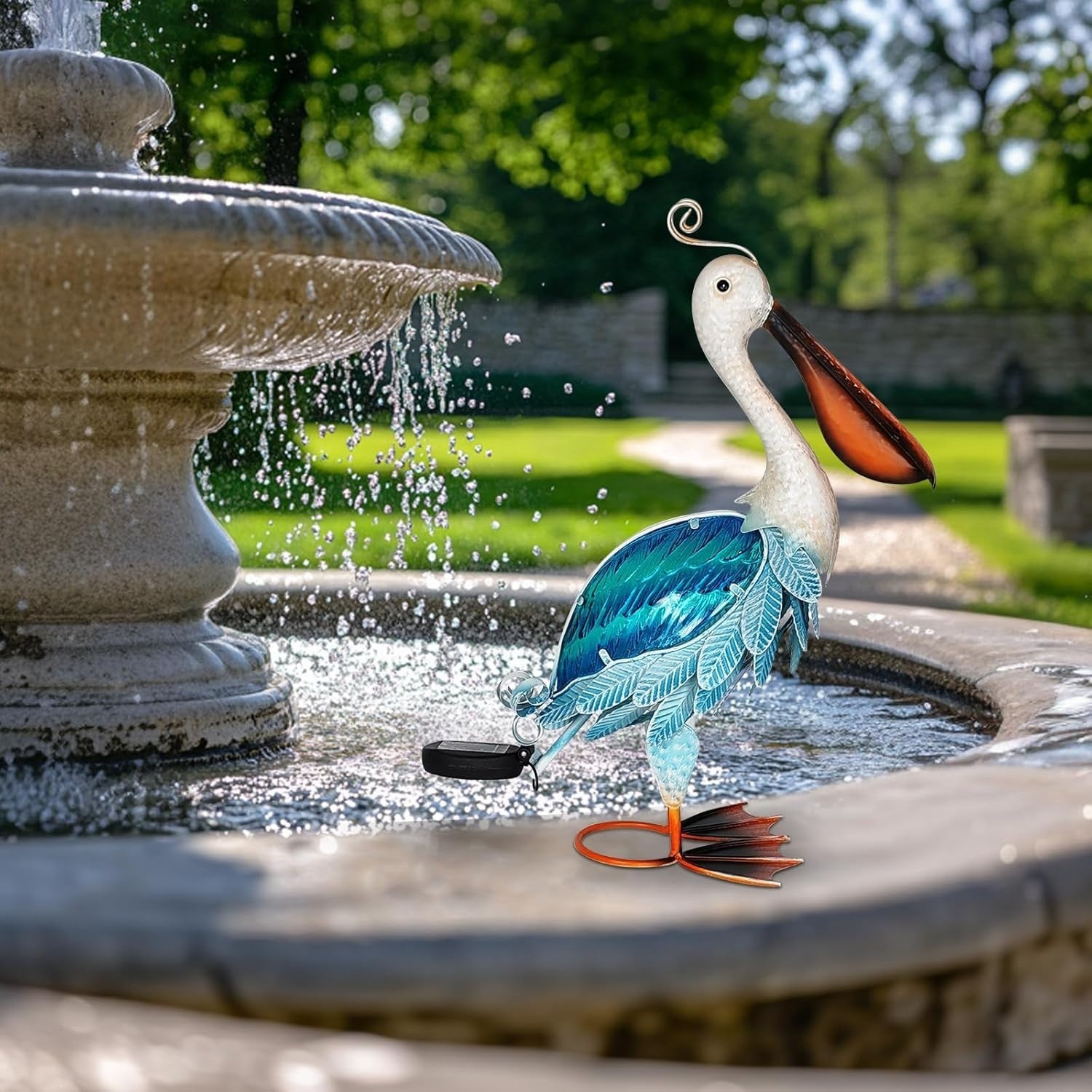 Solar Metal Pelican Garden Statue 19" Coastal Bird Ornament Outdoor Yard Decor