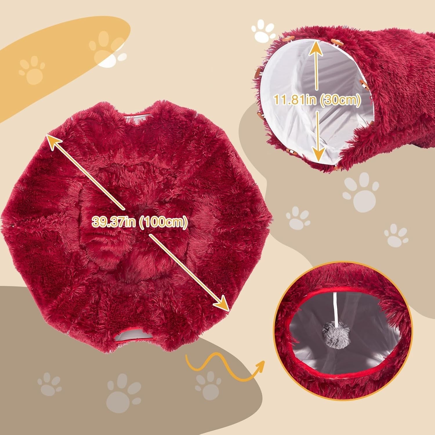 Cat Tunnel Bed Plush Donut Play Tunnel Large Circle w Cushion Red