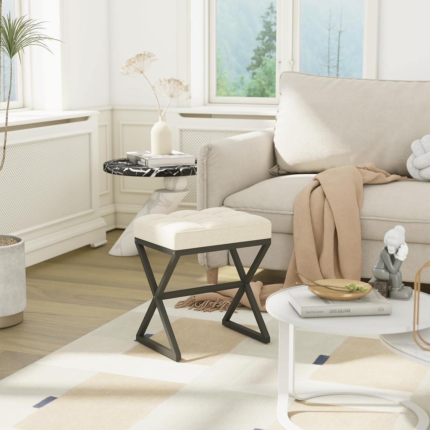 Beige Linen Vanity Stool Square Ottoman X-Leg Metal Footrest Bench 40x30x46cm