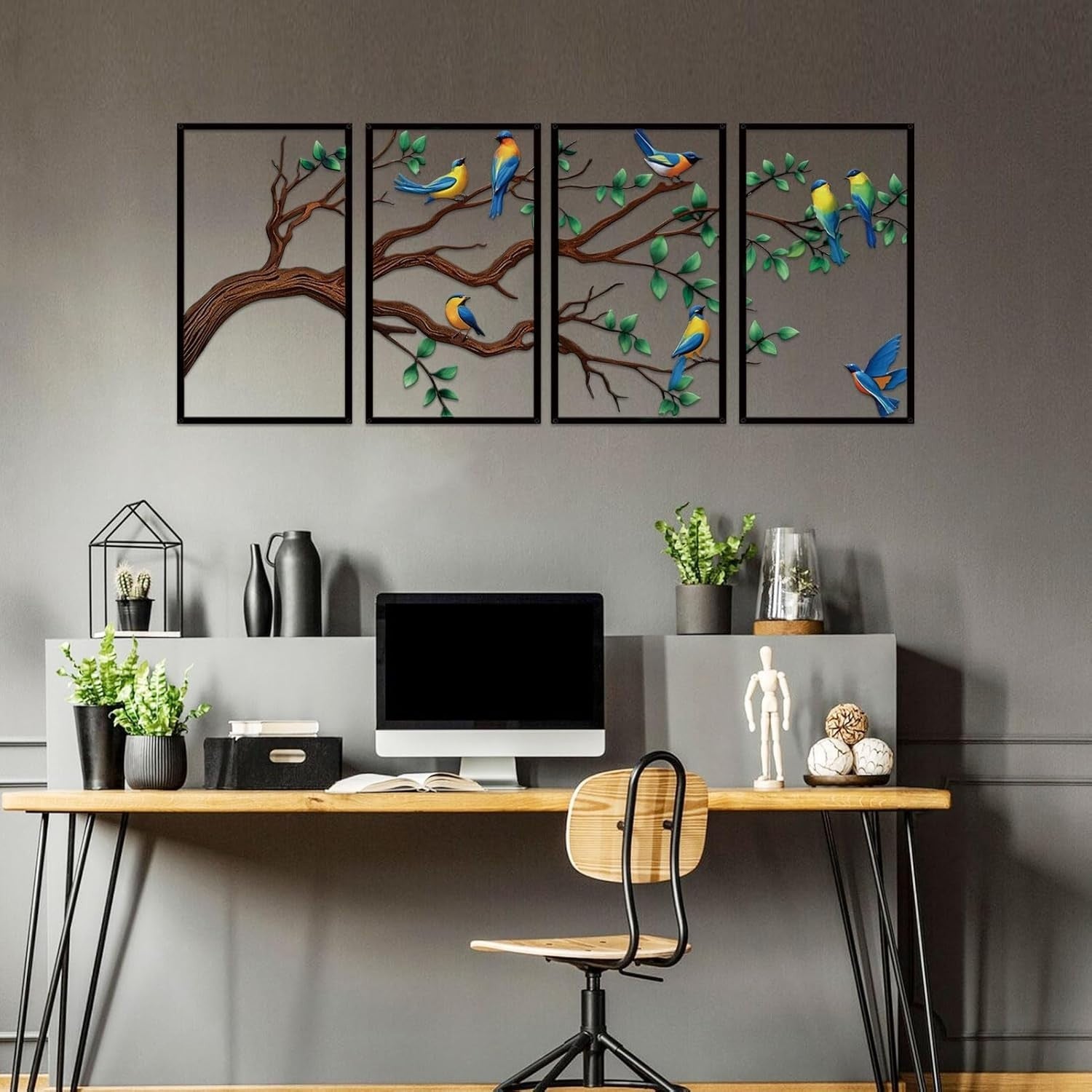 4Pc Metal Birds Branch Wall Art Tree of Life Outdoor Indoor Decor