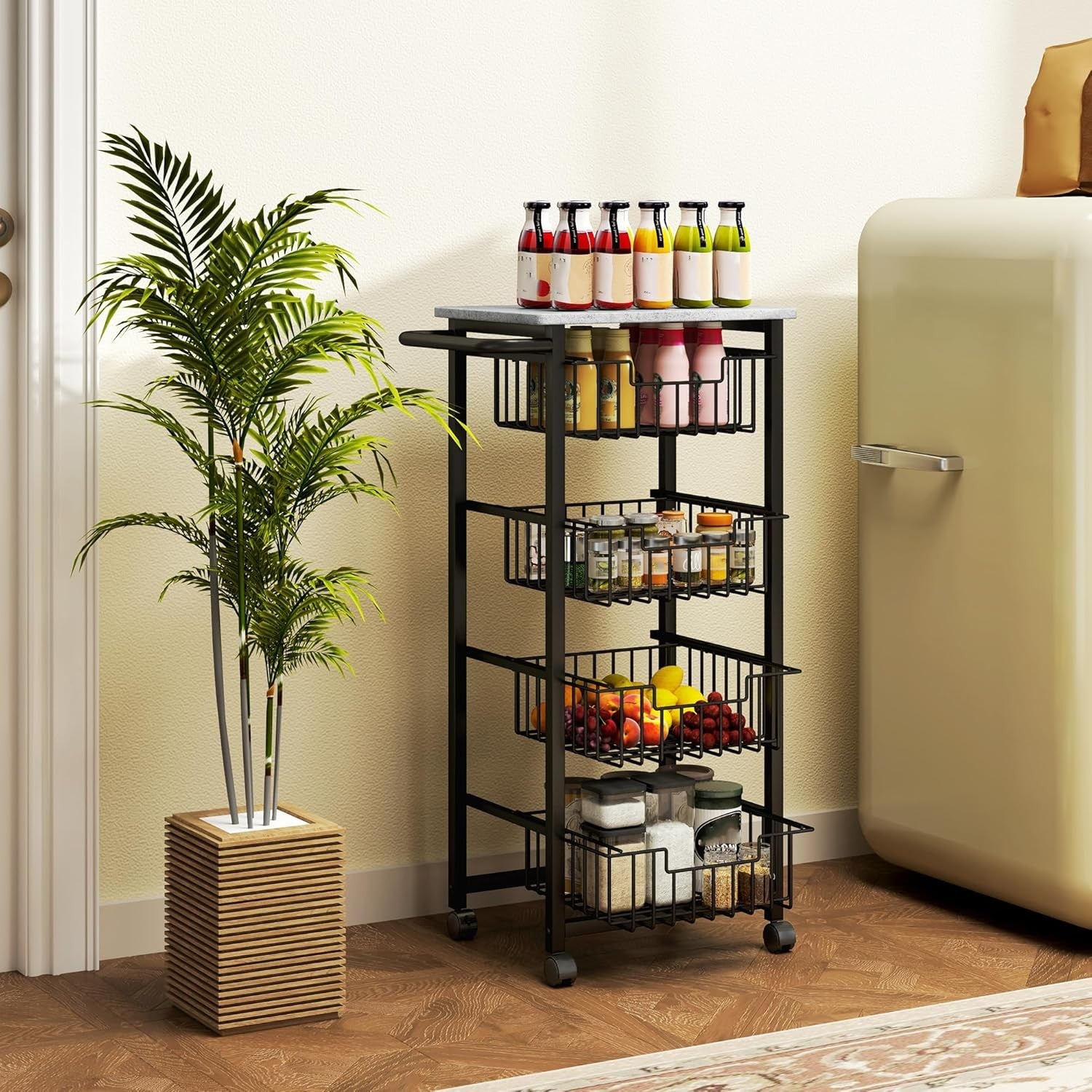 4 Tier Kitchen Storage Trolley with Pull Out Baskets Rolling Utility Cart