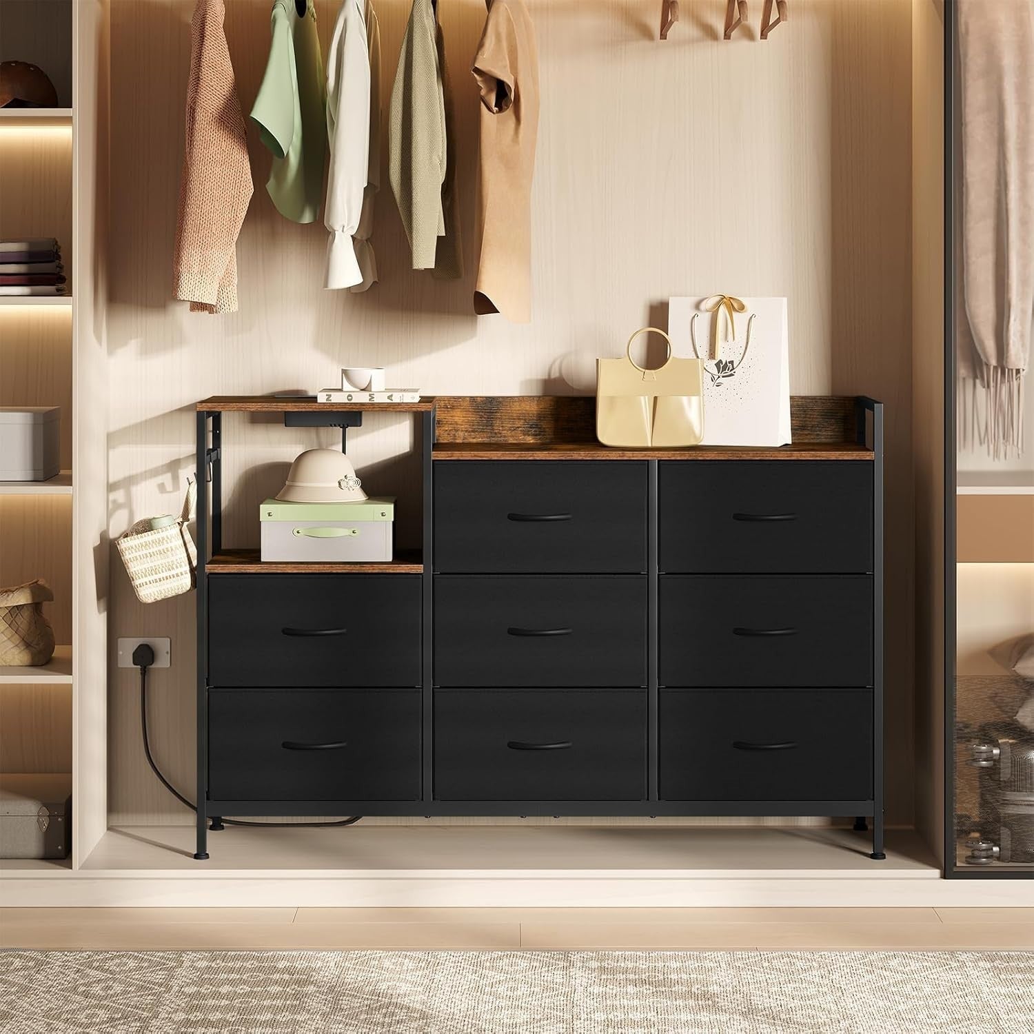 8 Drawer Fabric Chest with USB Ports Power Strip Rustic Black Storage Unit