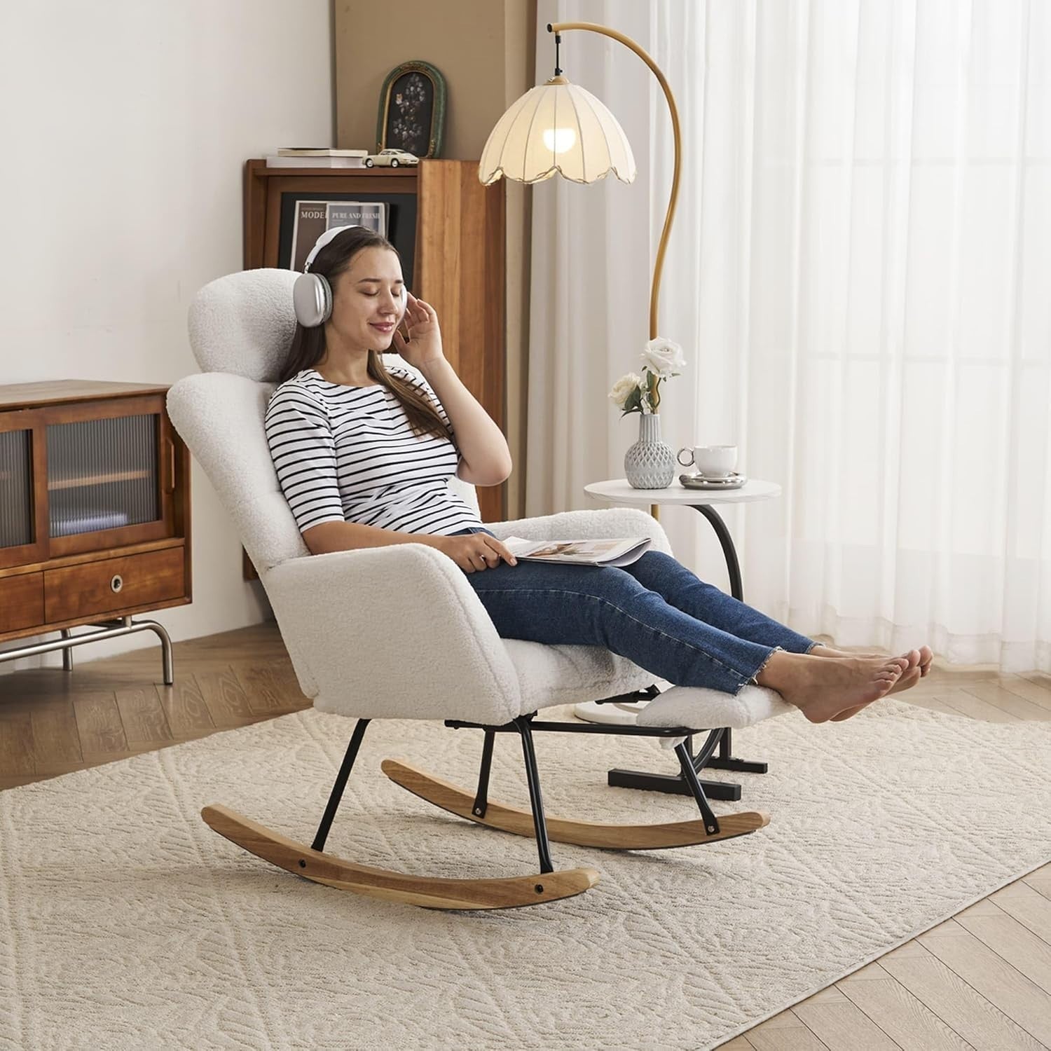 Ivory Rocking Recliner Chair w/ Footrest, Headrest – Cozy Teddy Armchair 125cm