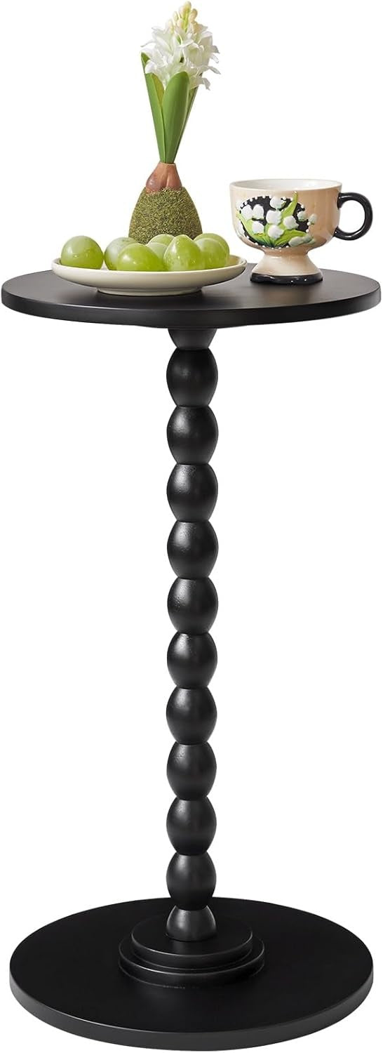 Black Round Side Table for Small Spaces – Modern Accent Table with Wood Leg Base