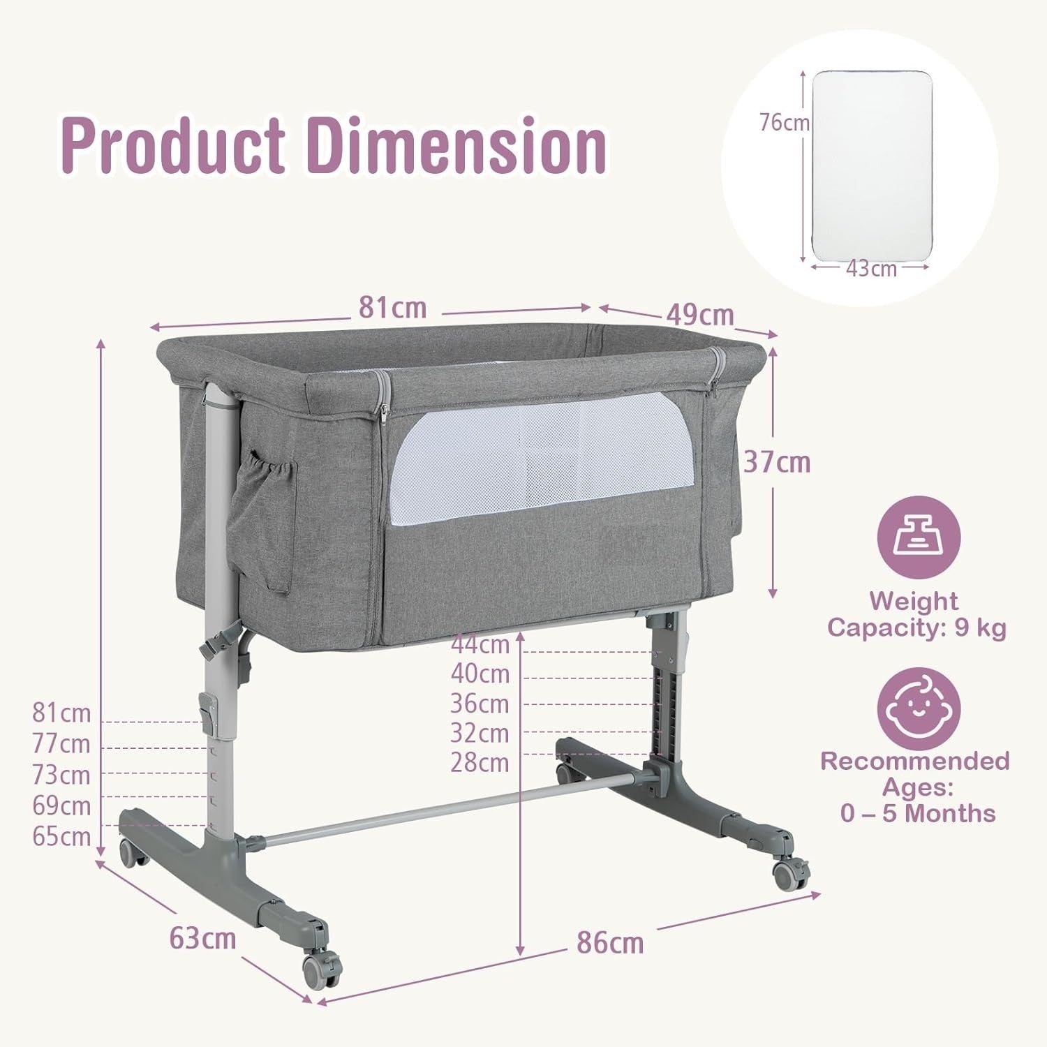 3in1 Baby Bassinet Bedside Crib Co-Sleeper Cot with Mattress & Wheels Light Grey