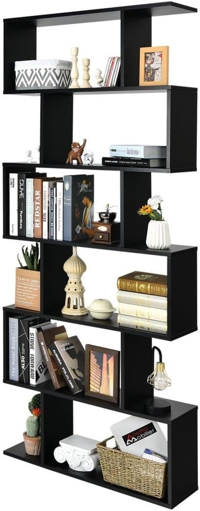 Modern 5/6 Tier S-Shaped Bookcase Freestanding Display Storage Unit Black
