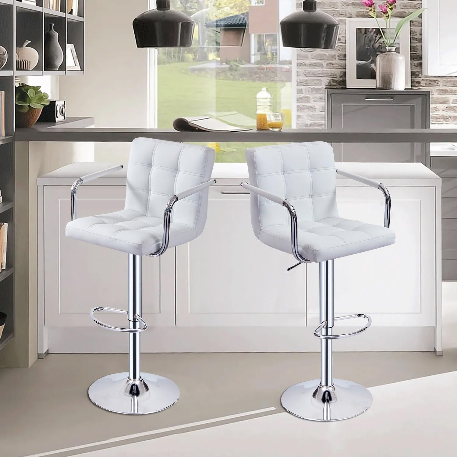 Set of 2 White Adjustable Swivel Bar Stools with Armrests & PU Leather