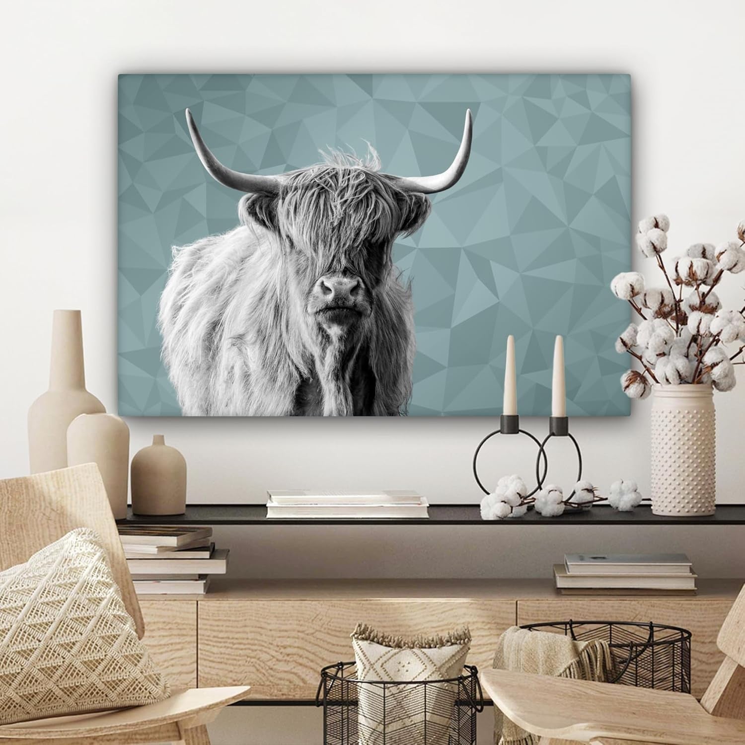 Highland Cow Canvas Wall Art 60x40cm Black White Modern