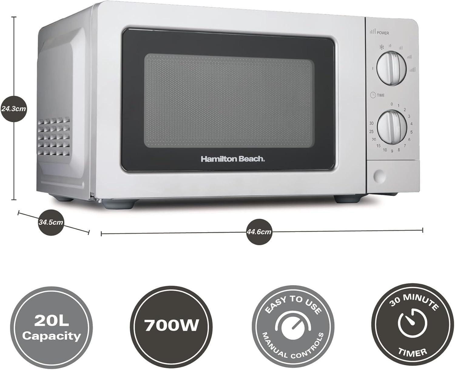 Hamilton Beach 20L Microwave 700W Silver, Manual Controls, 6 Power Levels