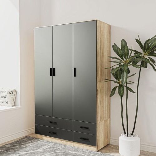 Oak & Black Wardrobe 3 Door 4 Drawer Modern Storage Cabinet Bedroom