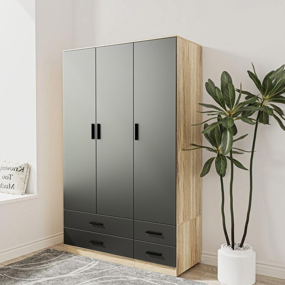 Oak & Black Wardrobe 3 Door 4 Drawer Modern Storage Cabinet Bedroom