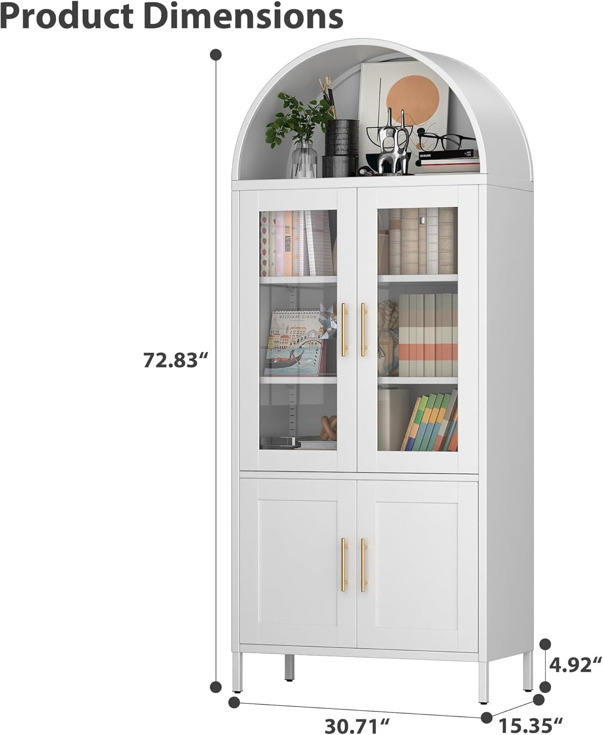 Tall White Kitchen Pantry Cabinet Glass Doors Metal Storage 185cm Modern