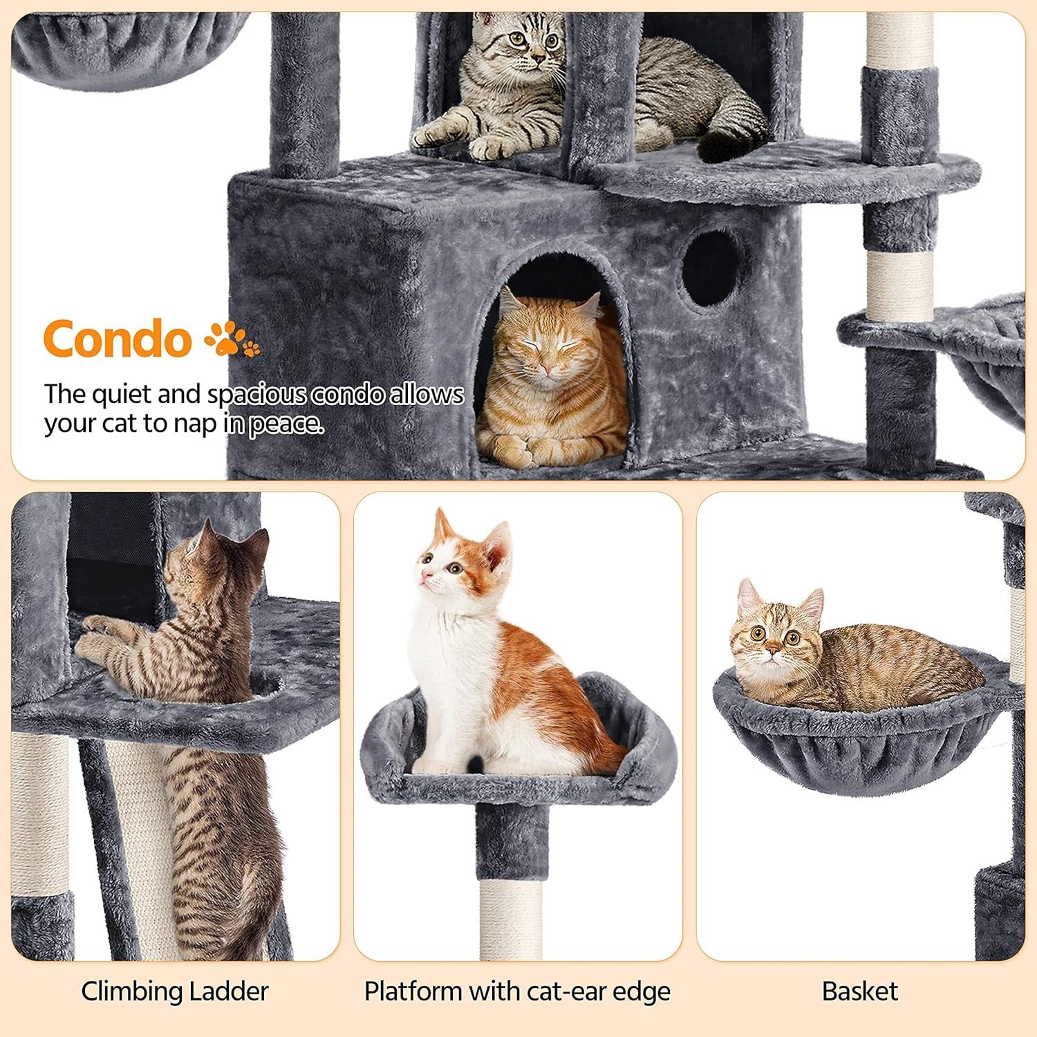 194cm Dark Grey Cat Tree Tower with Condos Baskets Scratching Posts