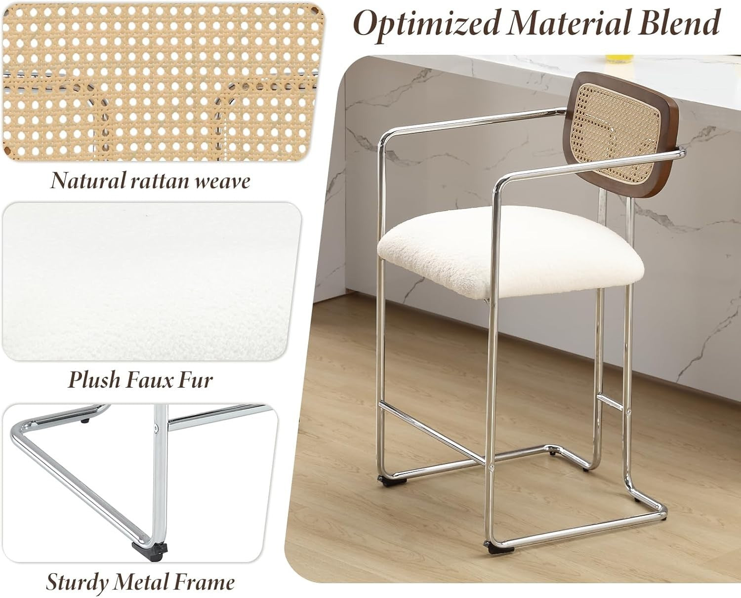 Bar Stools Set of 2 White Faux Fur Rattan Back Counter Chairs