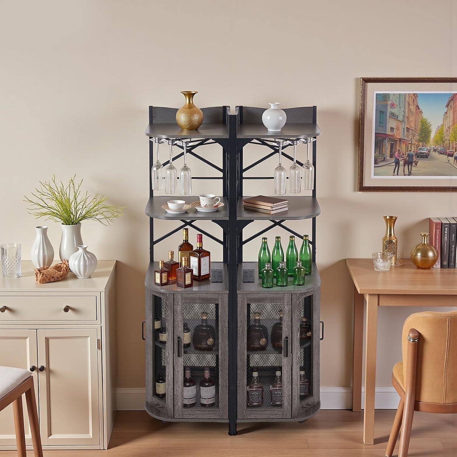 Corner Wine Rack with LED Lights & Power Socket, 5-Tier Drinks Cabinet Bar Unit