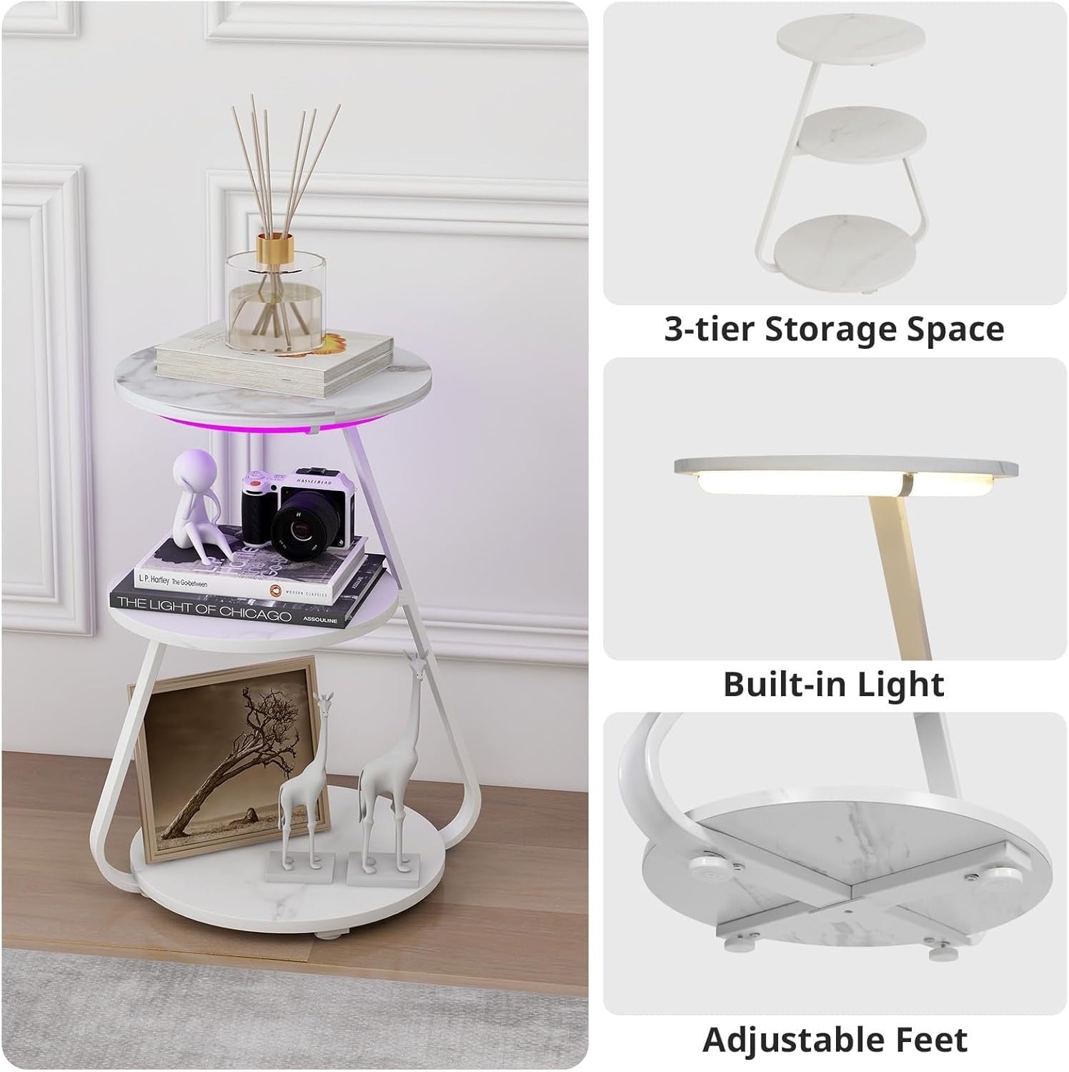 Set of 2 Round Side Tables with 6-Color LED & 3-Tier Storage – Modern Design