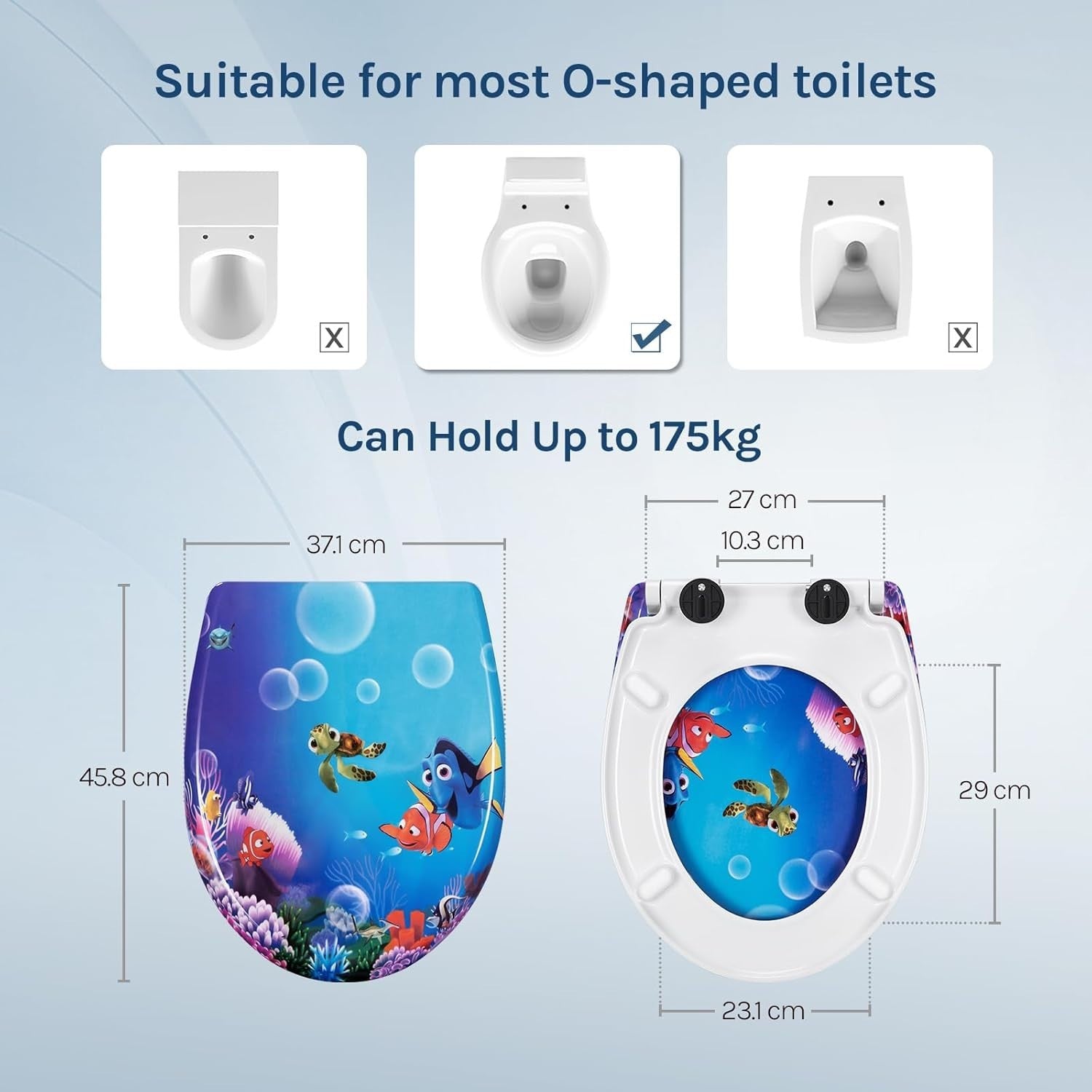 Soft Close Toilet Seat Quick Release O-Shape Duroplast Ocean Fish 45x37cm