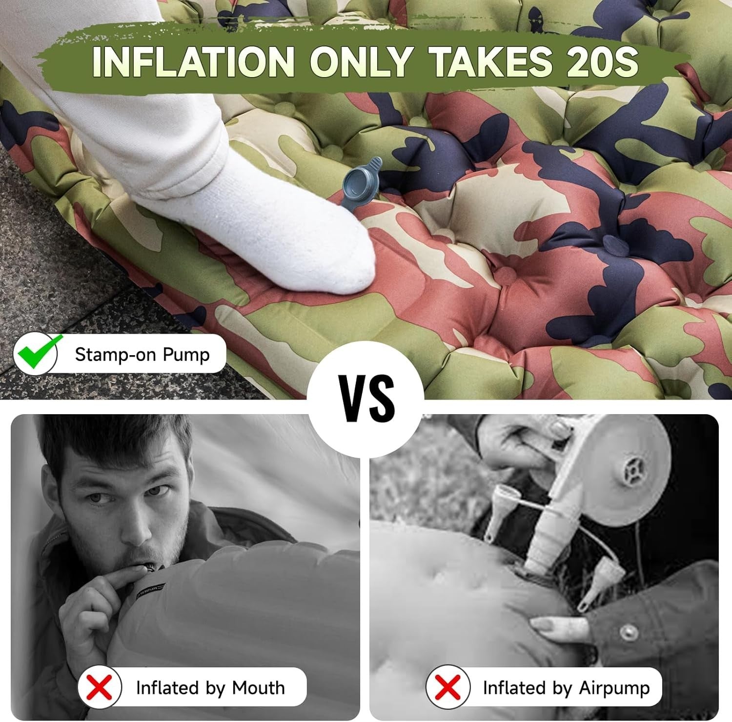 Ultralight Inflatable Camping Sleeping Pad with Built-In Foot Pump, Waterproof
