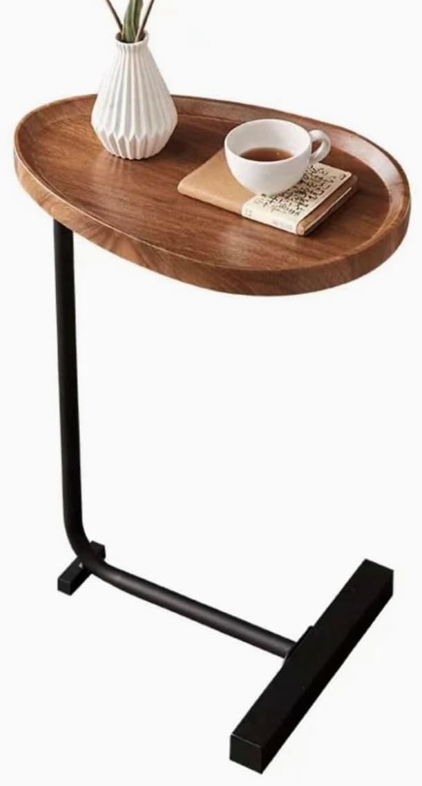 C-Shaped Sofa Side Table Wooden Top Black Metal Frame Compact 40x30x65cm