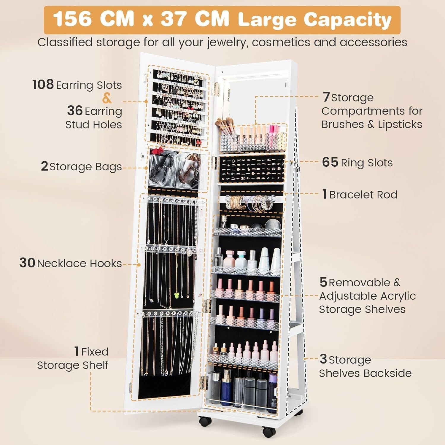 White 360° Swivel Jewelry Cabinet LED Mirror Lockable Rolling Storage
