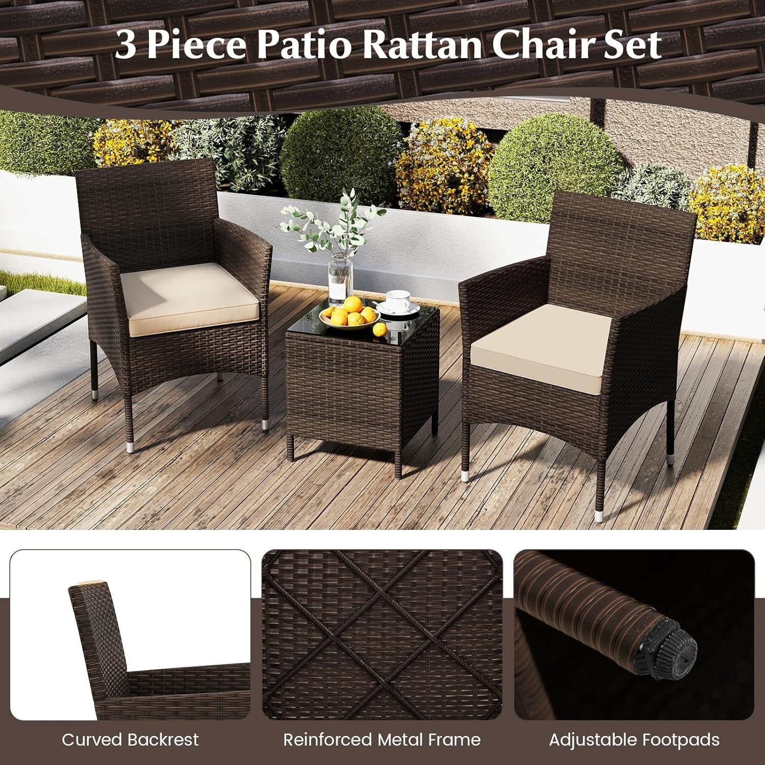 3PC Rattan Bistro Set Outdoor Patio Chairs with Table Cushioned Garden Set