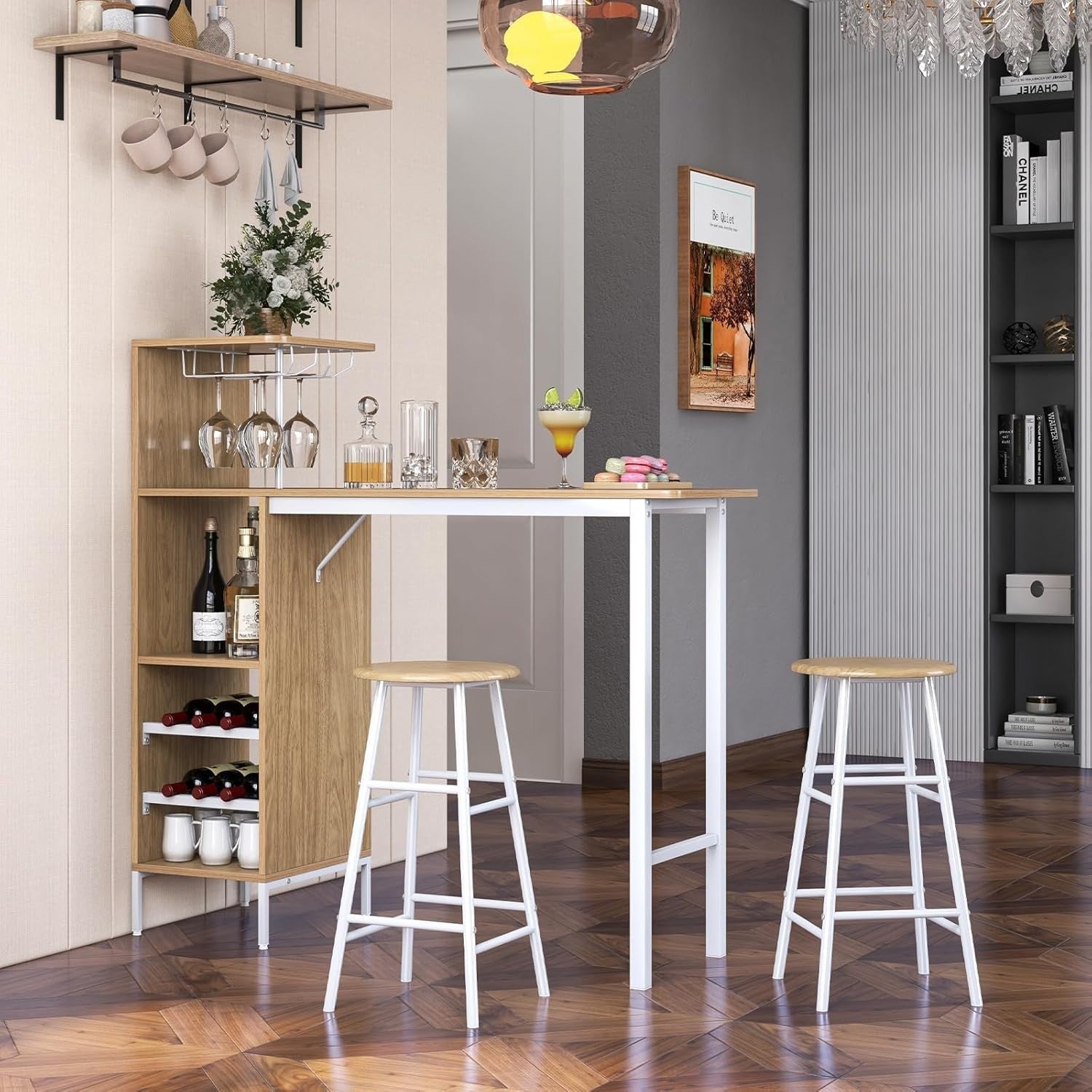 3 Piece Bar Table Set with Wine Racks & Stools, Natural Wood Steel Frame Sets