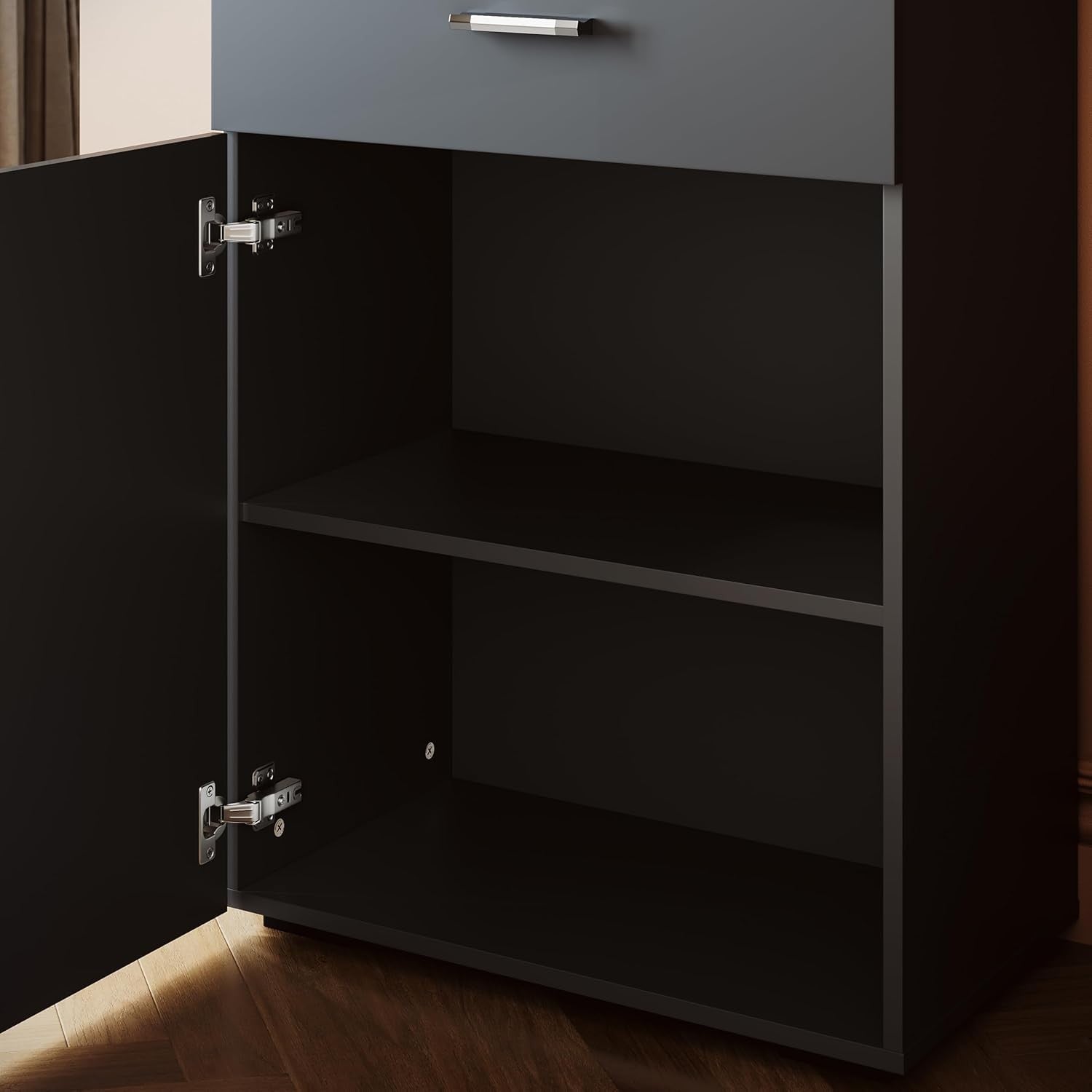 Tall Black Gloss LED Display Cabinet with Drawer & 5 Shelves Modern Storage Unit