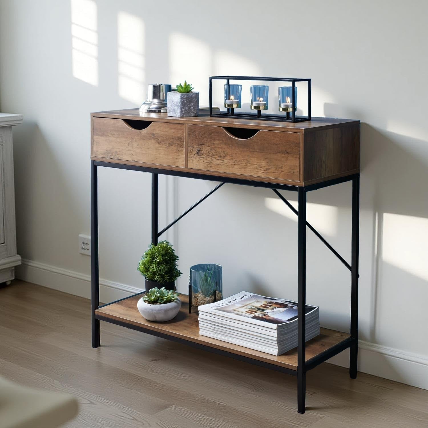 Modern 2-Drawer Console Table with Wooden Shelves & Black Metal Frame