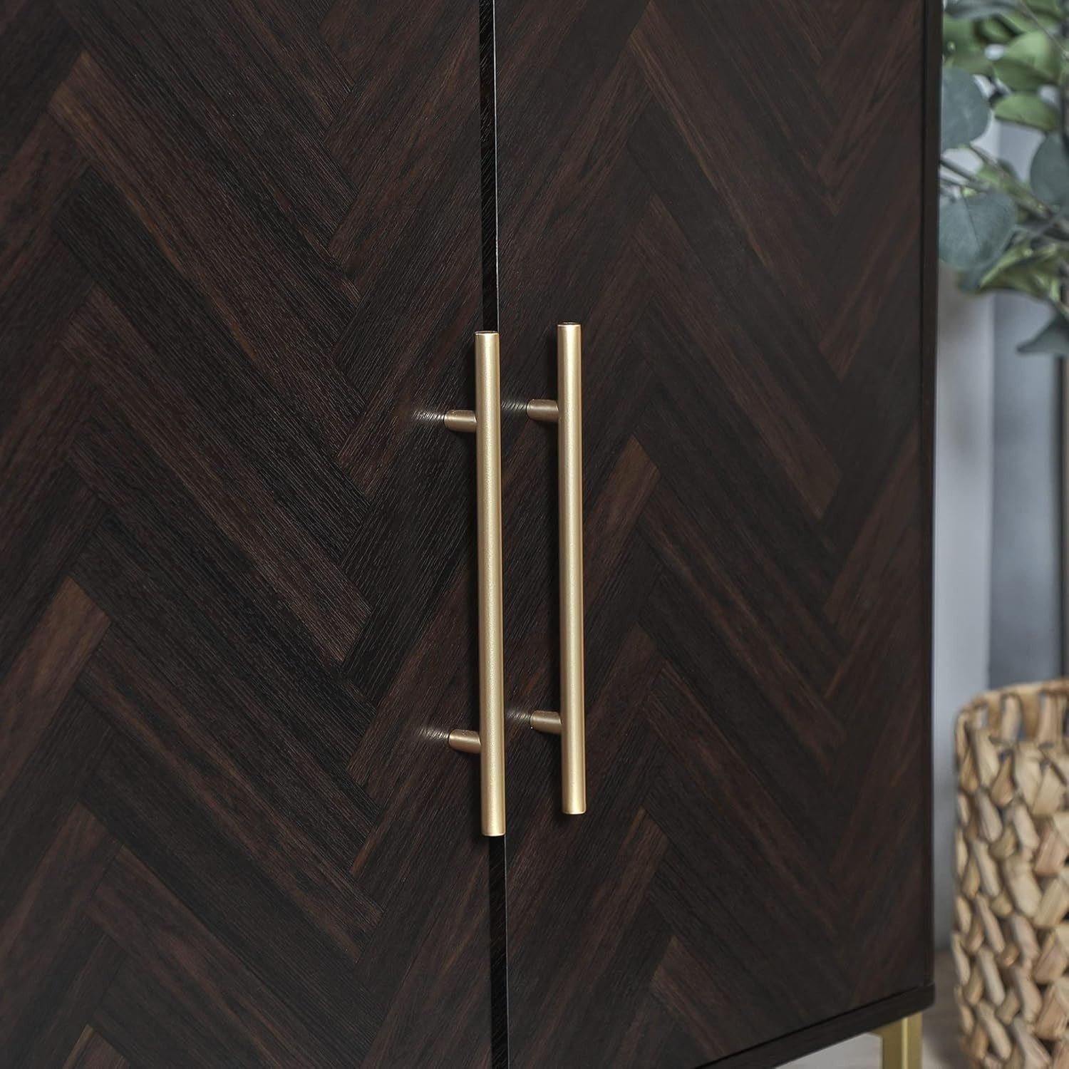 Dark Wood Sideboard Storage Cabinet with Gold Handles, Modern 2-Door Buffet