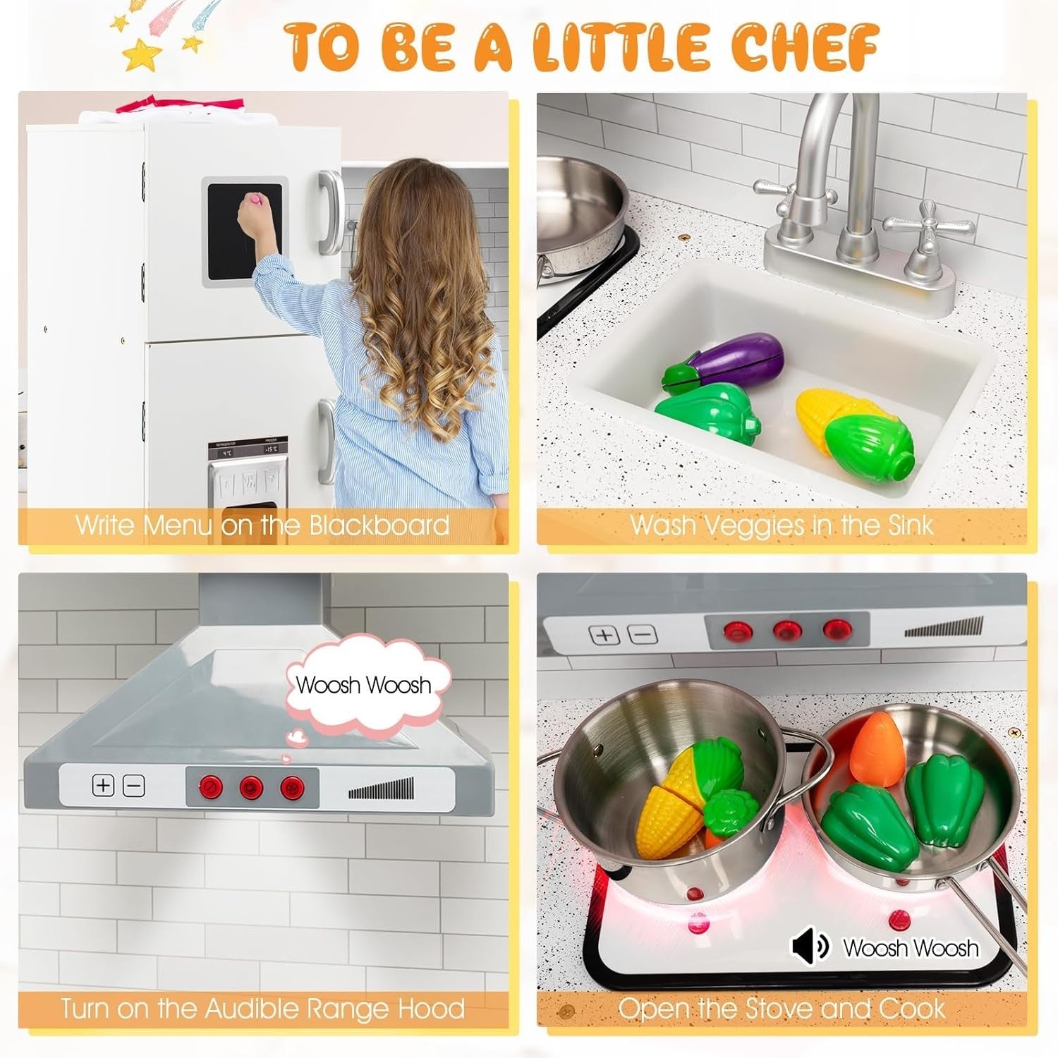 Corner Wooden Kids Play Kitchen Lights Sounds Chef Toy White