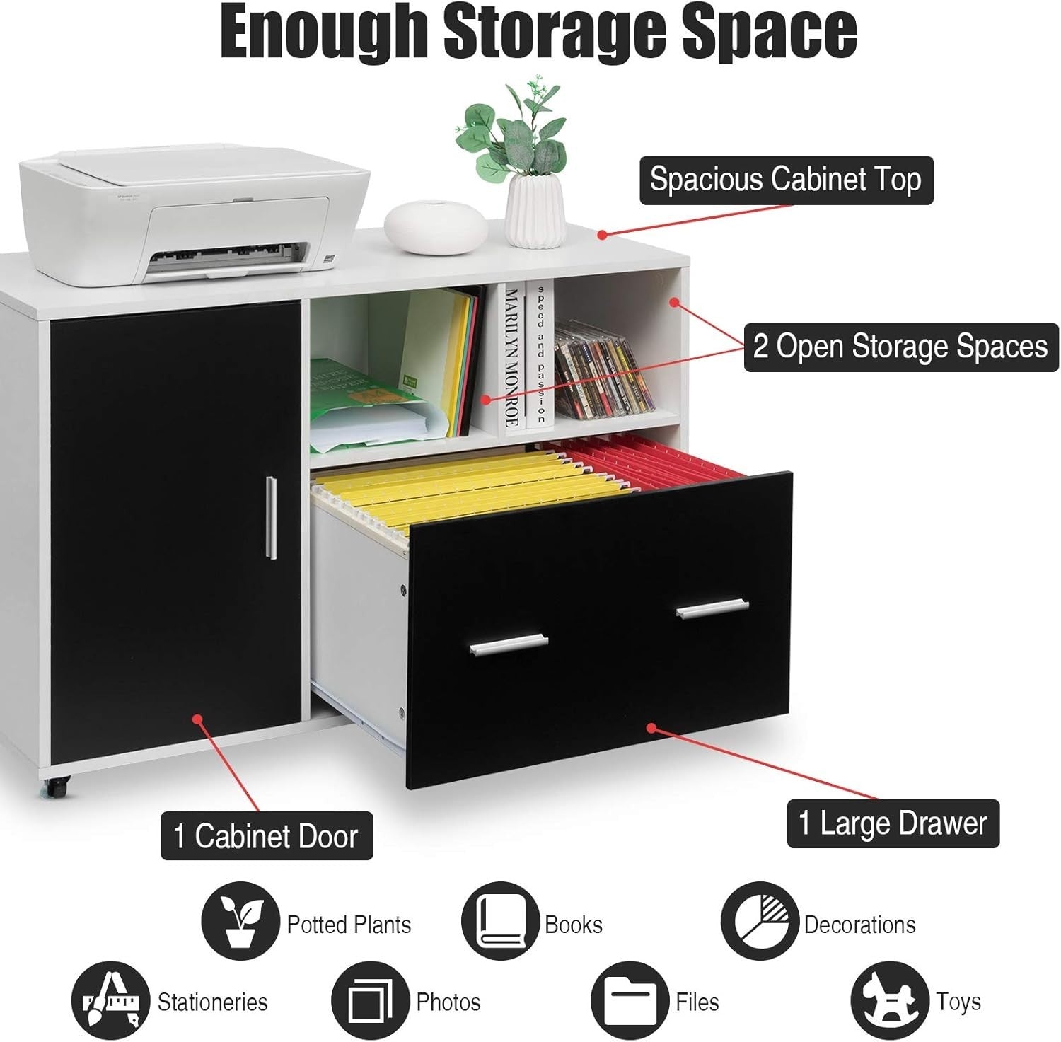 Black White Mobile File Cabinet 100cm Printer Stand Rolling Storage