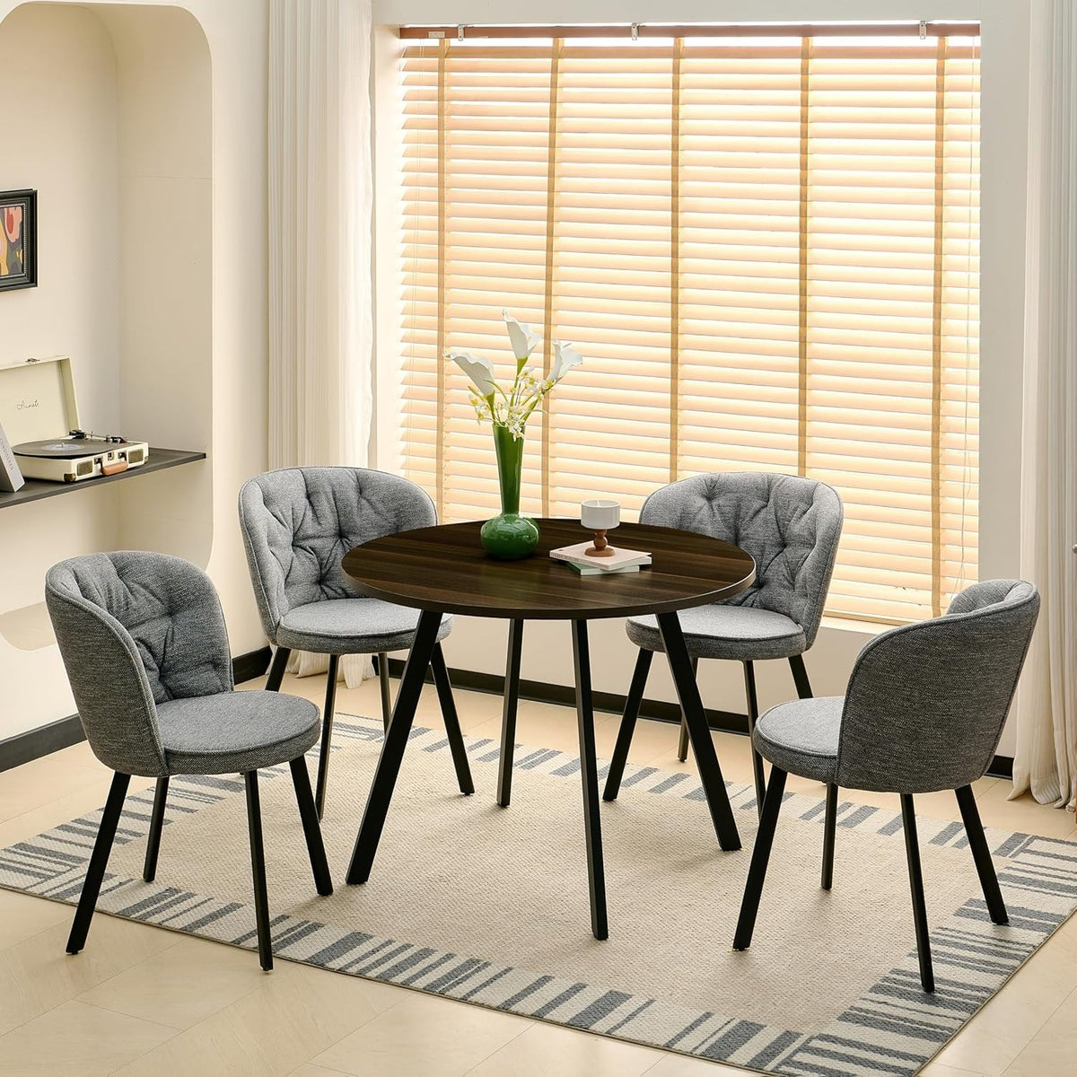 4 Grey Linen Dining Chairs & Round Dark Walnut Table Set for Kitchen Room