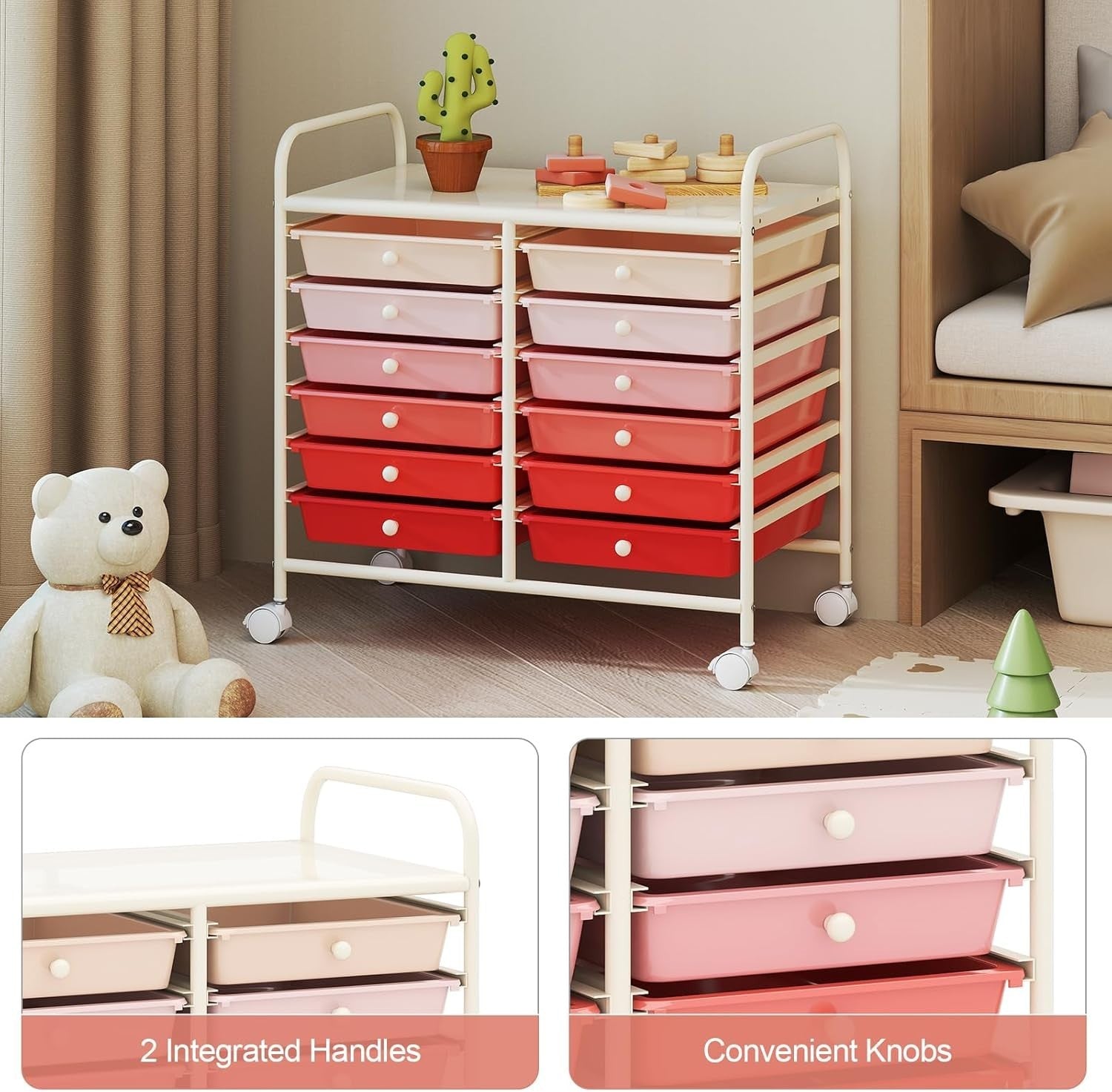 12 Drawer Rolling Storage Cart Pink Utility Trolley Organizer Wheels