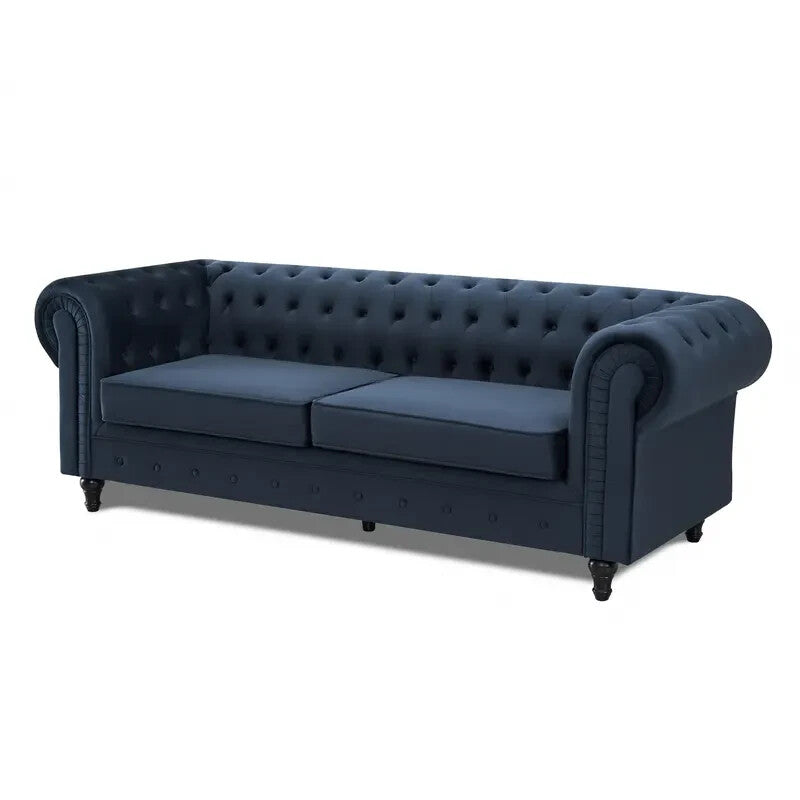3 Seater Chesterfield Velvet Sofa Midnight Blue Tufted Scroll Arms UK